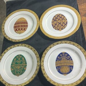 Porcelain Decorative Egg Motif Dessert Plates - Gold Trim (Set of 4)